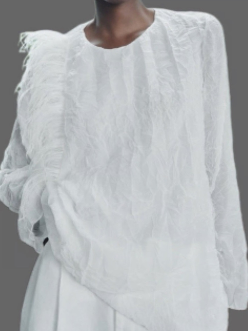 Zara White Textured Long-Sleeve Women's Top